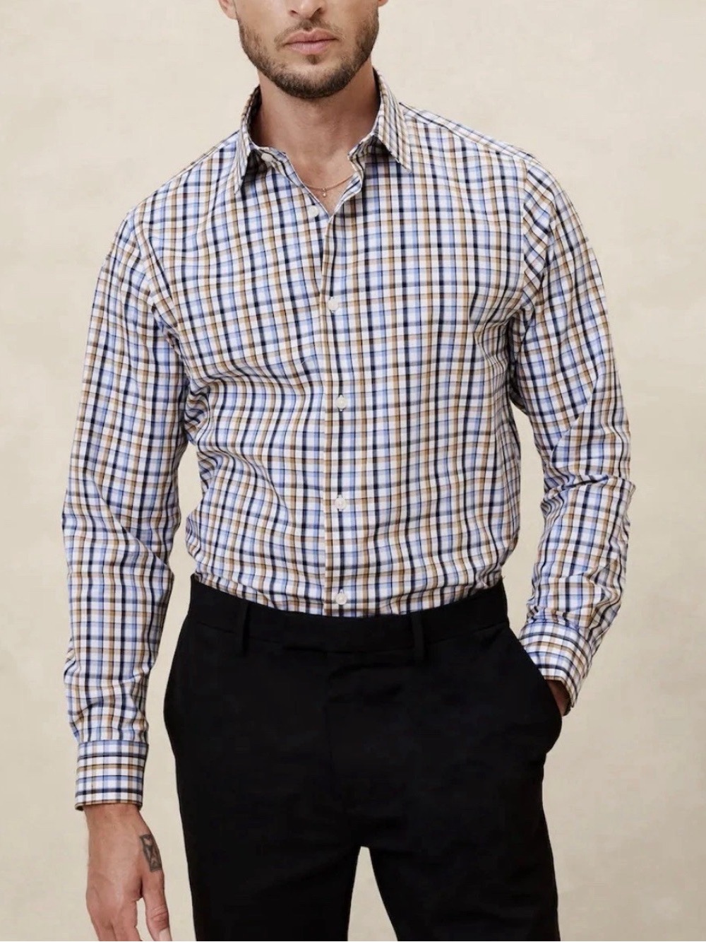 Banana Republic Athletic Fit Dress Shirt Blue White Tan Button-Up Cotton XS